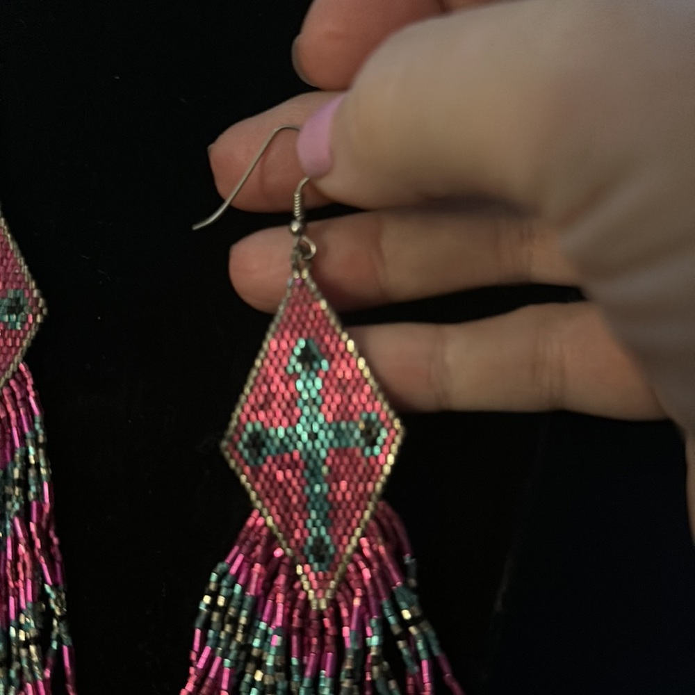 Large Dangle Beaded Statement Earrings With Cross… - image 3